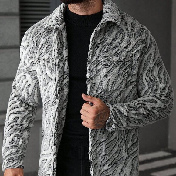 Multicolor Casual Men's Zebra Print Fleece Jacket - Picture 1 of 8